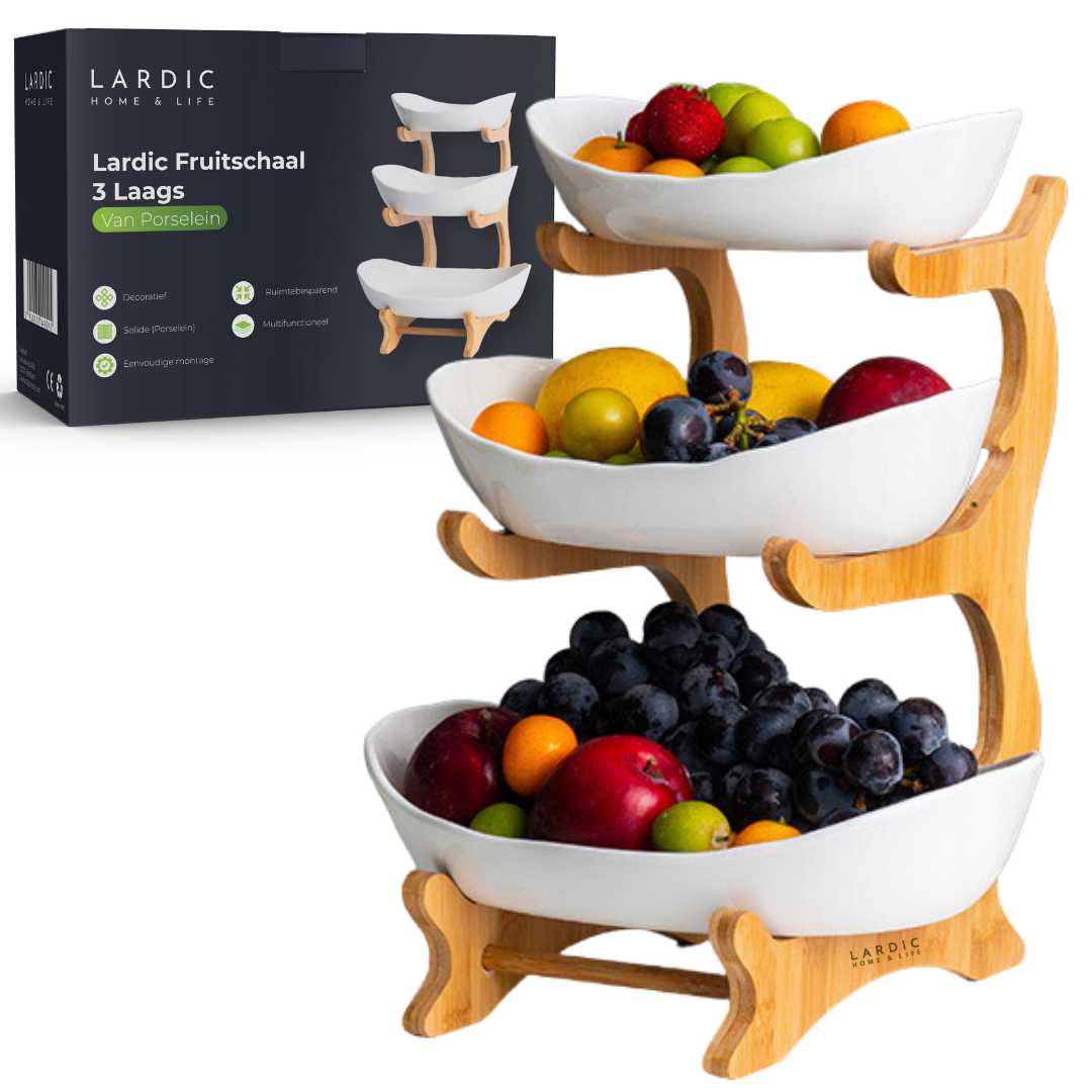 Lardic® Fruitschaal 3 Laags - Serveertoren - Fruit Etagère - Fruitmand Keramiek - Groentemand - Bamboe Hout - Opberger - Porselein - Wit