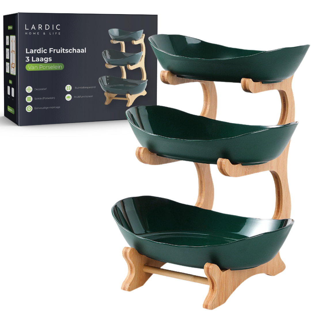 Lardic® Fruitschaal 3 Laags - Serveertoren - Fruit Etagère - Fruitmand Keramiek - Groentemand - Bamboe Hout - Opberger - Porselein - Groen