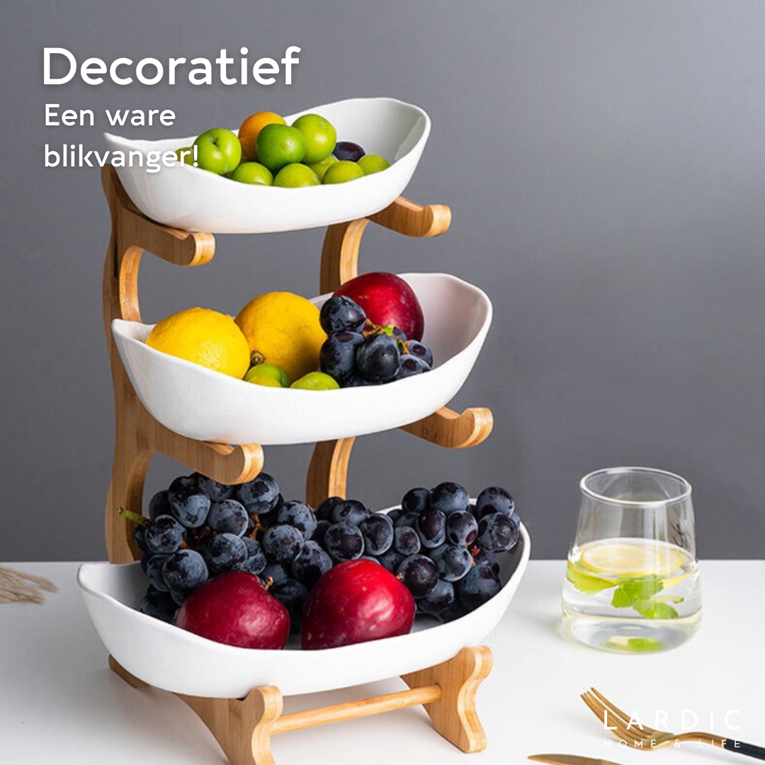 Lardic® Fruitschaal 3 Laags - Serveertoren - Fruit Etagère - Fruitmand Keramiek - Groentemand - Bamboe Hout - Opberger - Porselein - Wit