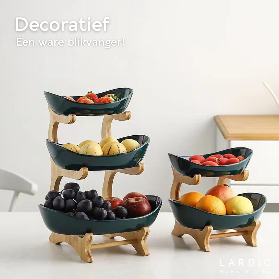 Lardic® Fruitschaal 3 Laags - Serveertoren - Fruit Etagère - Fruitmand Keramiek - Groentemand - Bamboe Hout - Opberger - Porselein - Groen