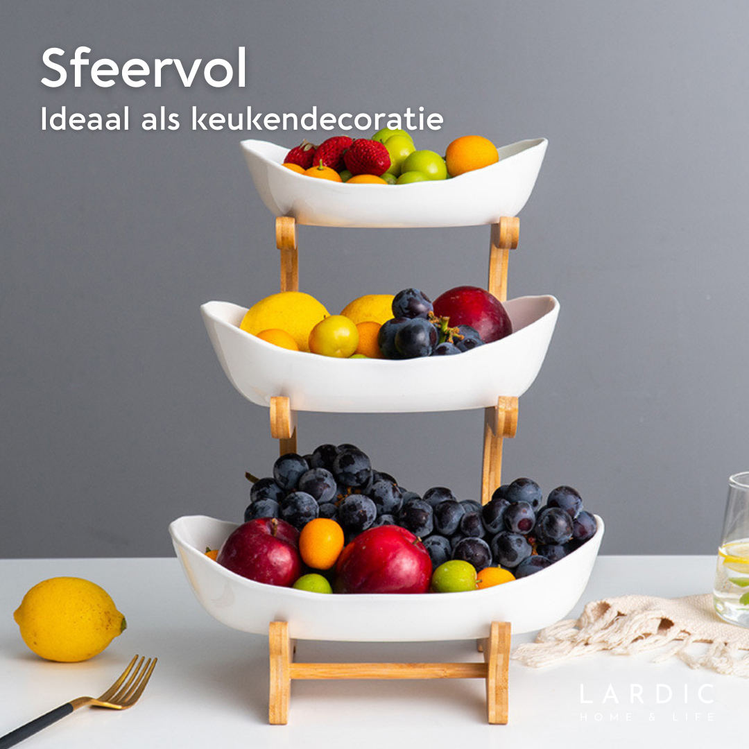 Lardic® Fruitschaal 3 Laags - Serveertoren - Fruit Etagère - Fruitmand Keramiek - Groentemand - Bamboe Hout - Opberger - Porselein - Wit