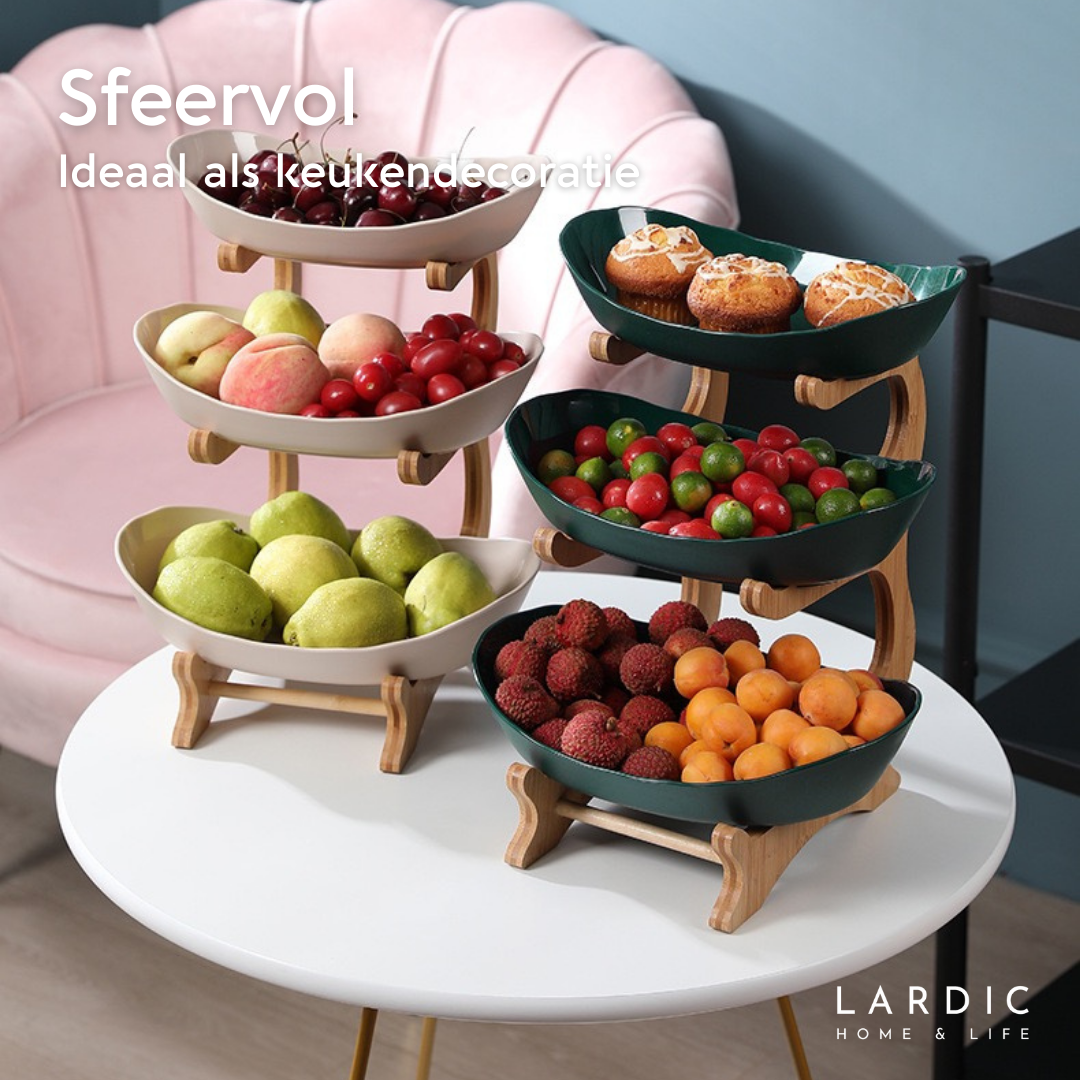 Lardic® Fruitschaal 3 Laags - Serveertoren - Fruit Etagère - Fruitmand Keramiek - Groentemand - Bamboe Hout - Opberger - Porselein - Groen