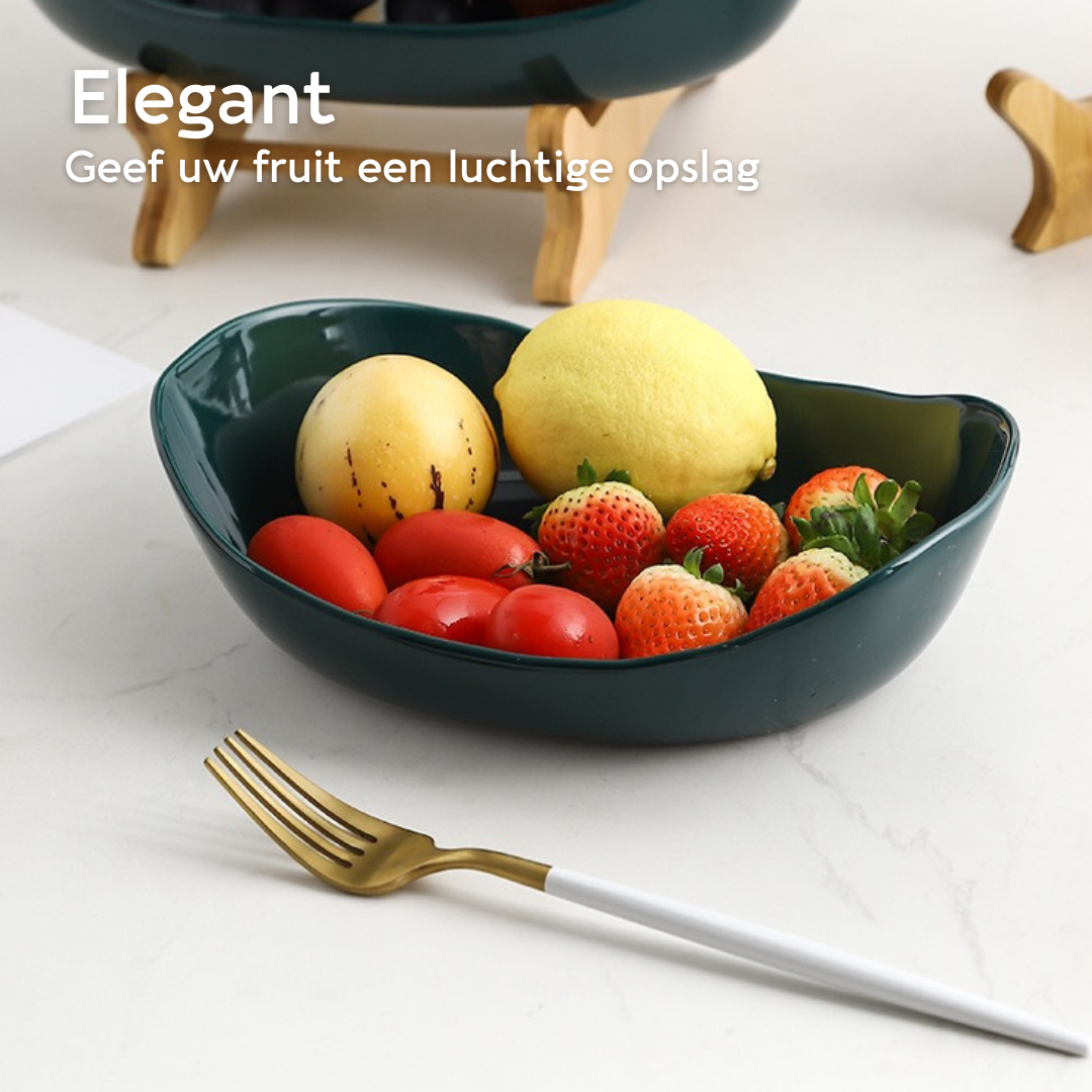 Lardic® Fruitschaal 3 Laags - Serveertoren - Fruit Etagère - Fruitmand Keramiek - Groentemand - Bamboe Hout - Opberger - Porselein - Groen