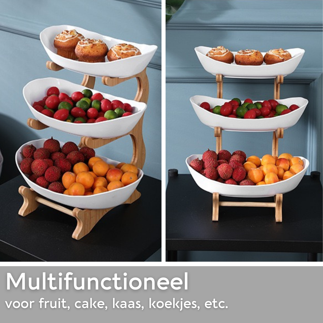 Lardic® Fruitschaal 3 Laags - Serveertoren - Fruit Etagère - Fruitmand Keramiek - Groentemand - Bamboe Hout - Opberger - Porselein - Wit