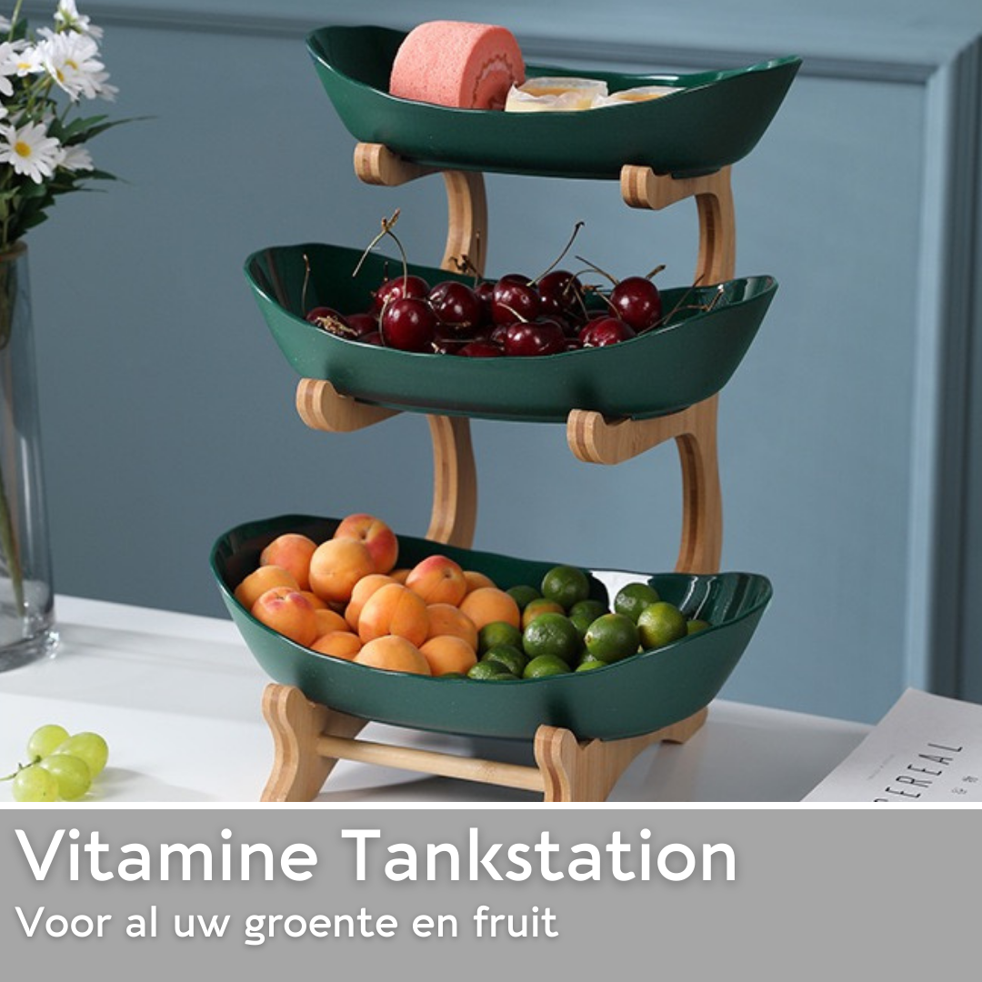 Lardic® Fruitschaal 3 Laags - Serveertoren - Fruit Etagère - Fruitmand Keramiek - Groentemand - Bamboe Hout - Opberger - Porselein - Groen
