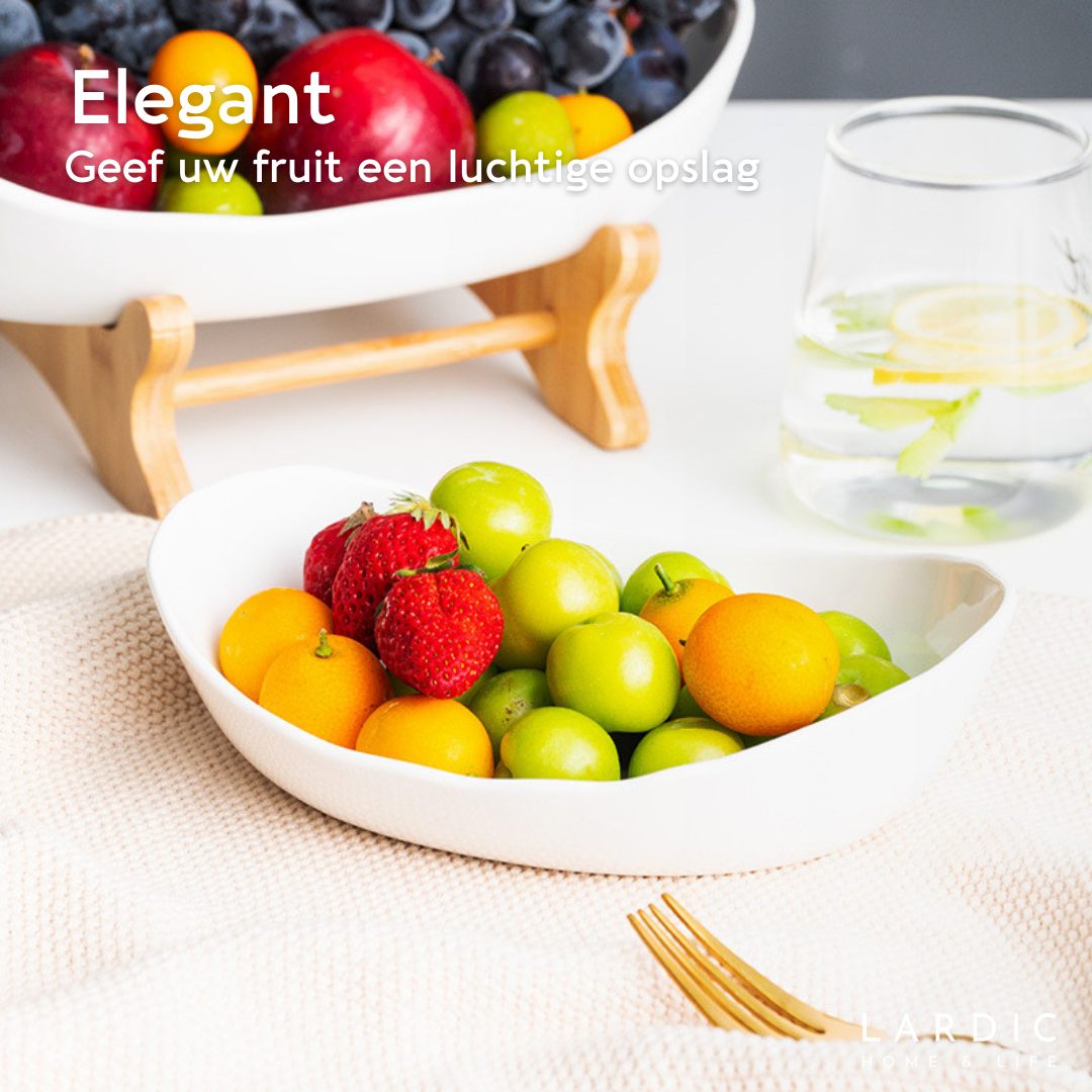 Lardic® Fruitschaal 3 Laags - Serveertoren - Fruit Etagère - Fruitmand Keramiek - Groentemand - Bamboe Hout - Opberger - Porselein - Wit