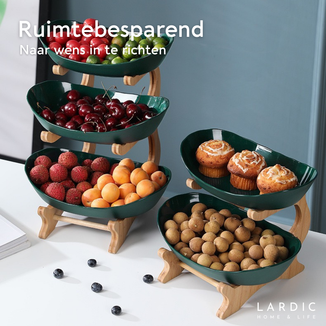 Lardic® Fruitschaal 3 Laags - Serveertoren - Fruit Etagère - Fruitmand Keramiek - Groentemand - Bamboe Hout - Opberger - Porselein - Groen