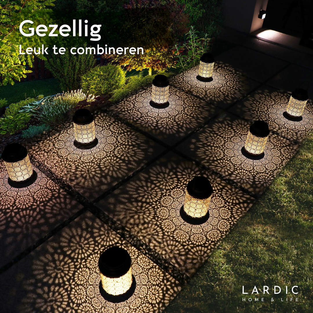 Lardic Solar Tuinlamp 2 stuks – Solar Tuinverlichting op zonne energie - Brons kleurig metaal – Tafellamp - Buitenlamp – Led buitenverlichting met sensor - Tuinfontein - Tuinfakkel / Tuinsteker / Tuinlantaarn - Sfeerverlichting - Voor buiten