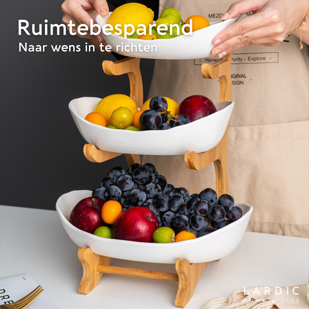 Lardic® Fruitschaal 3 Laags - Serveertoren - Fruit Etagère - Fruitmand Keramiek - Groentemand - Bamboe Hout - Opberger - Porselein - Wit