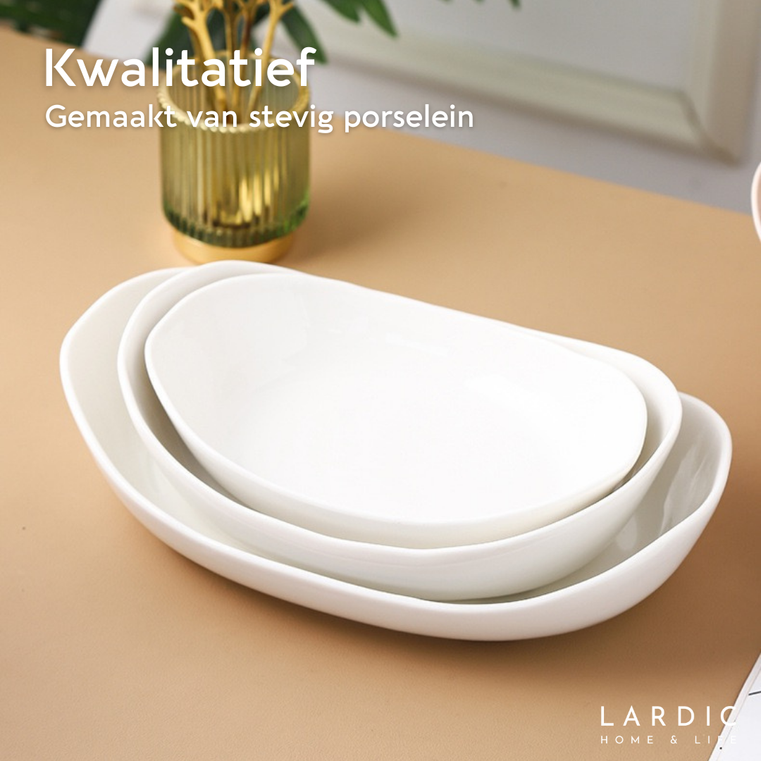 Lardic® Fruitschaal 3 Laags - Serveertoren - Fruit Etagère - Fruitmand Keramiek - Groentemand - Bamboe Hout - Opberger - Porselein - Wit