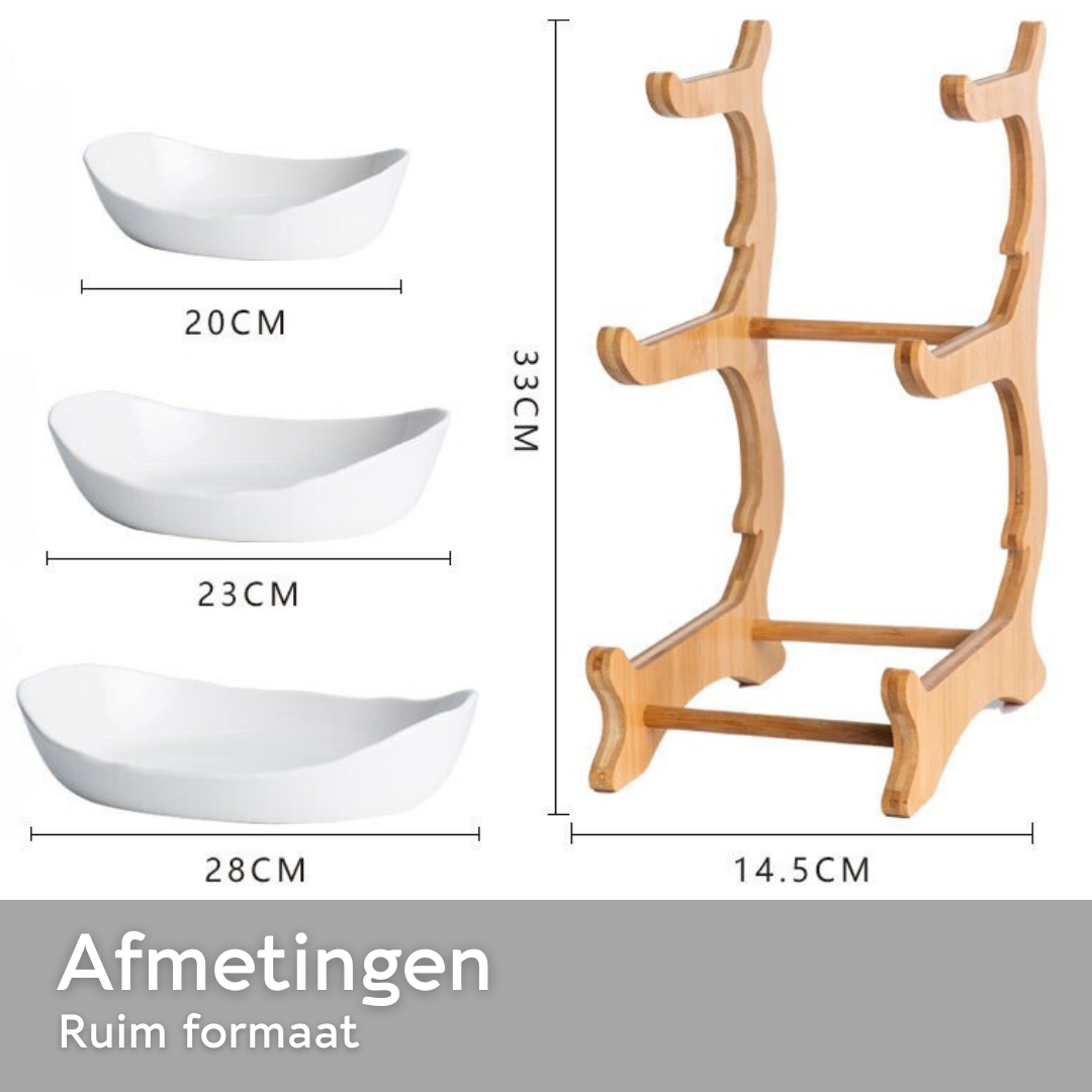 Lardic® Fruitschaal 3 Laags - Serveertoren - Fruit Etagère - Fruitmand Keramiek - Groentemand - Bamboe Hout - Opberger - Porselein - Wit