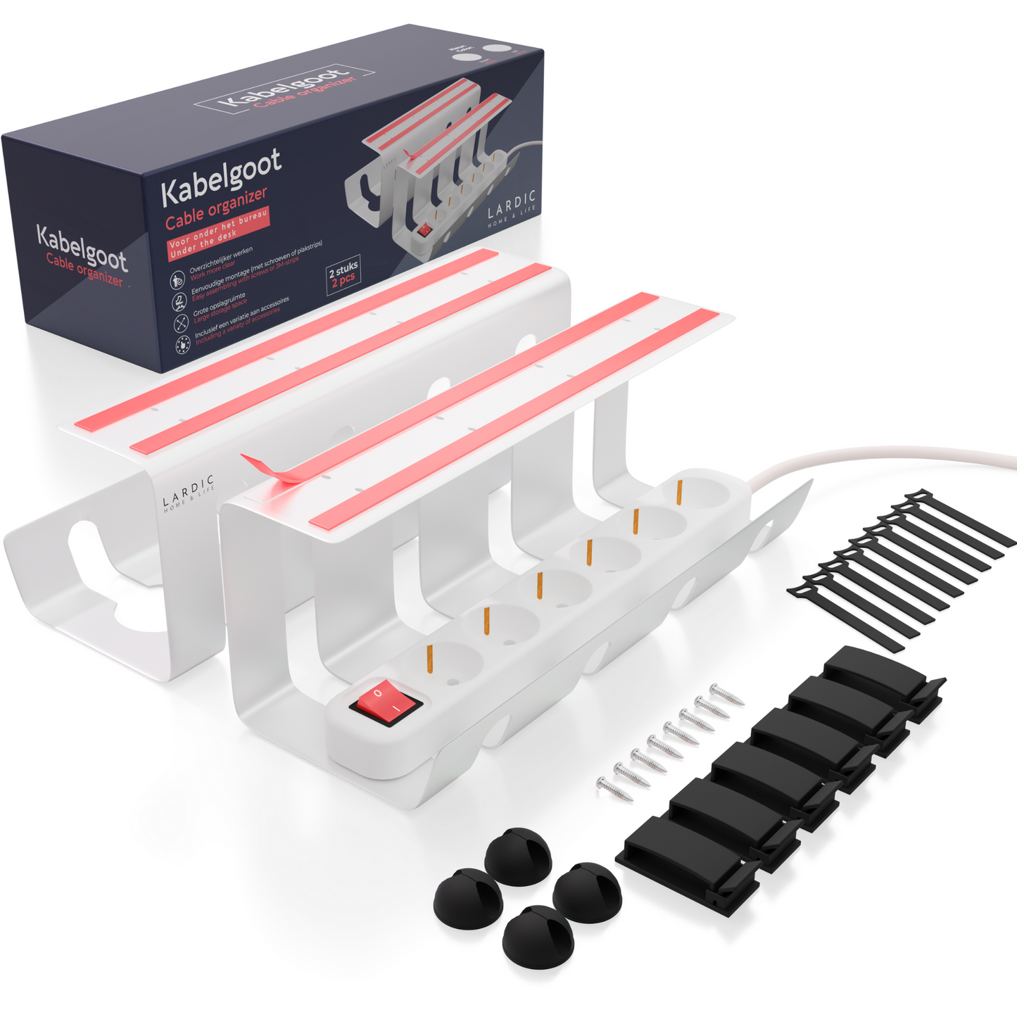 Lardic® Cable duct under desk - Cable organizer - Glue or drill - 2x40cm - White