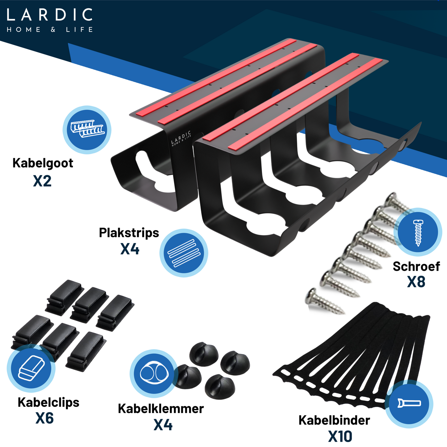Lardic® Cable duct under desk - Cable organizer - Glue or drill - 2x40cm - Black