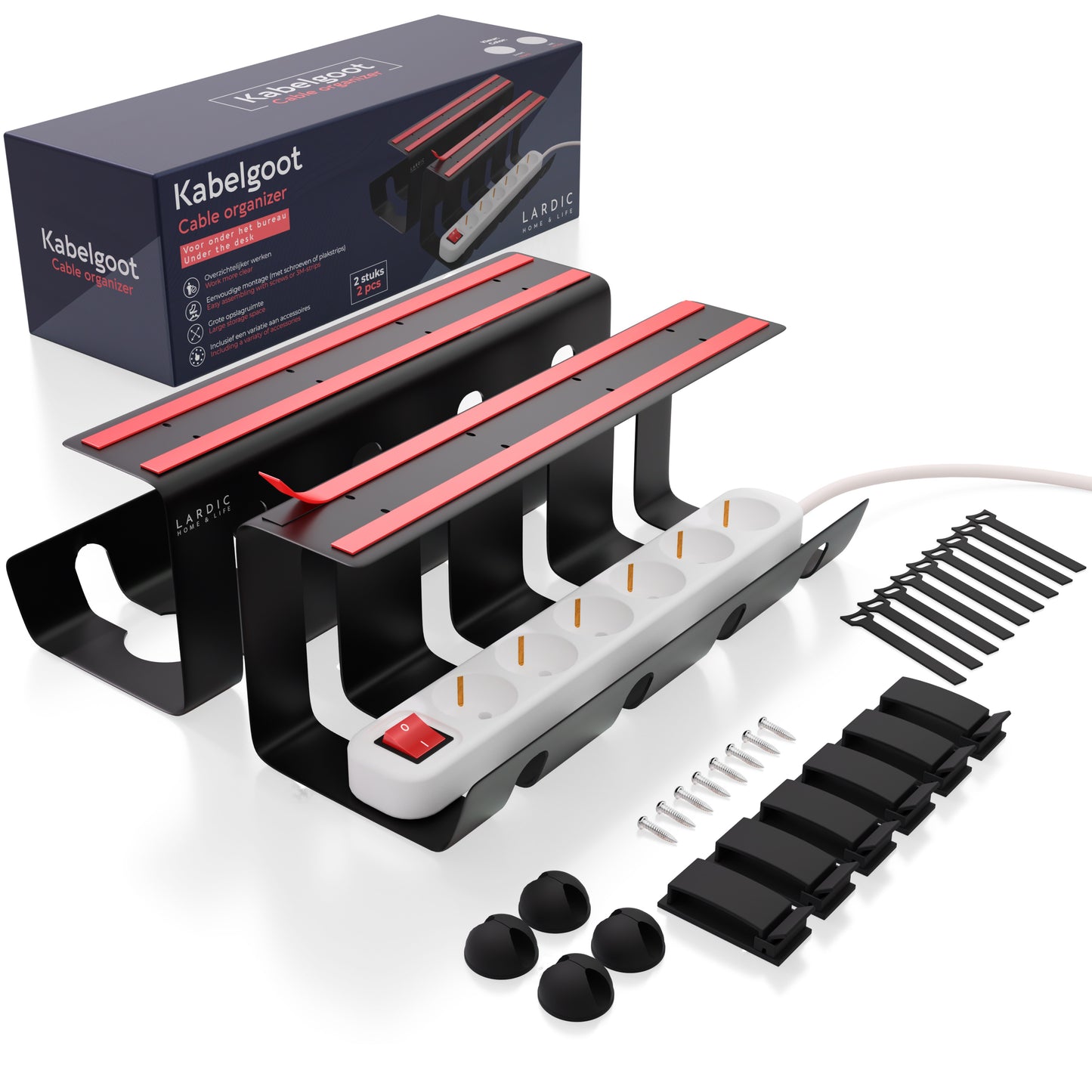 Lardic® Cable duct under desk - Cable organizer - Glue or drill - 2x40cm - Black