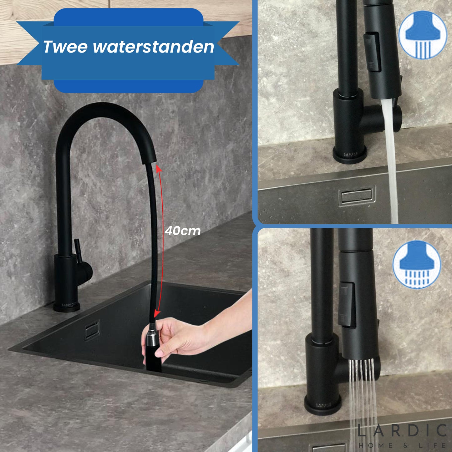 Lardic Kitchen Faucet with Pull-Out Spout - Hand Shower - Pull-Out - Mixer Tap - Black - Stainless Steel