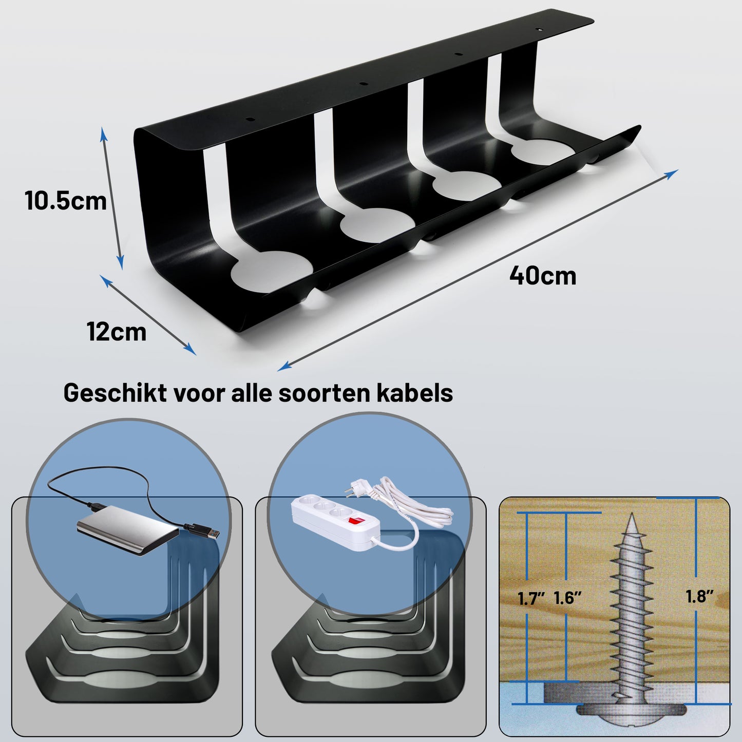 Lardic® Cable duct under desk - Cable organizer - Glue or drill - 1x40cm - White