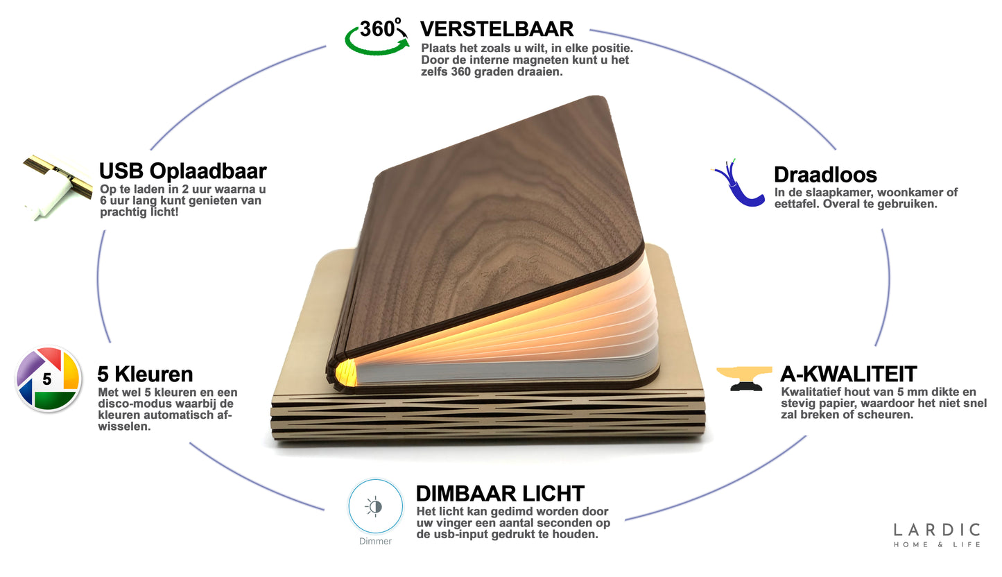 Book lamp Wood - With 5 light colors and dimming function - USB rechargeable - Walnut brown wood