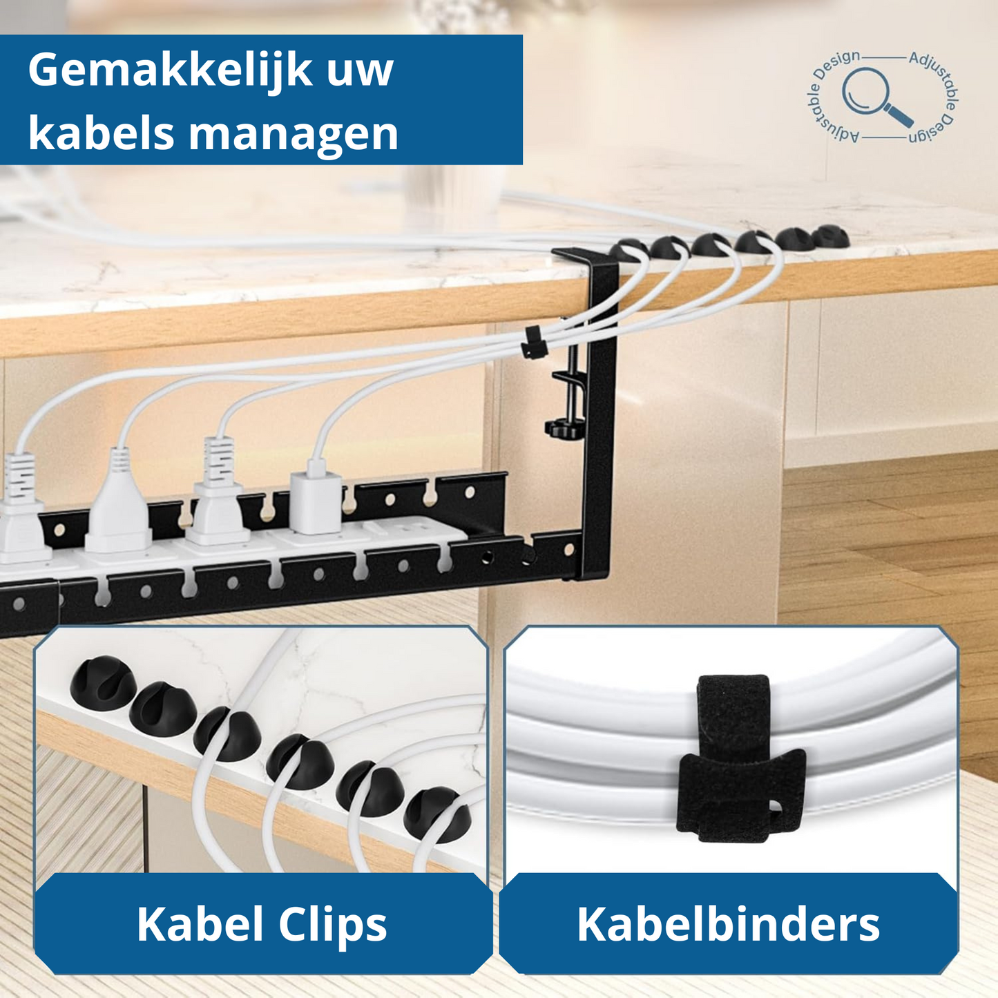 Lardic Metalen Kabel organiser Onder Bureau - Kabelgoot Bureau - Zonder boren - Kabelbox - Kabelhouder - Cable management - Opbergbox stekkerdoos - Inclusief accessoires - 2 delig set - 78 cm