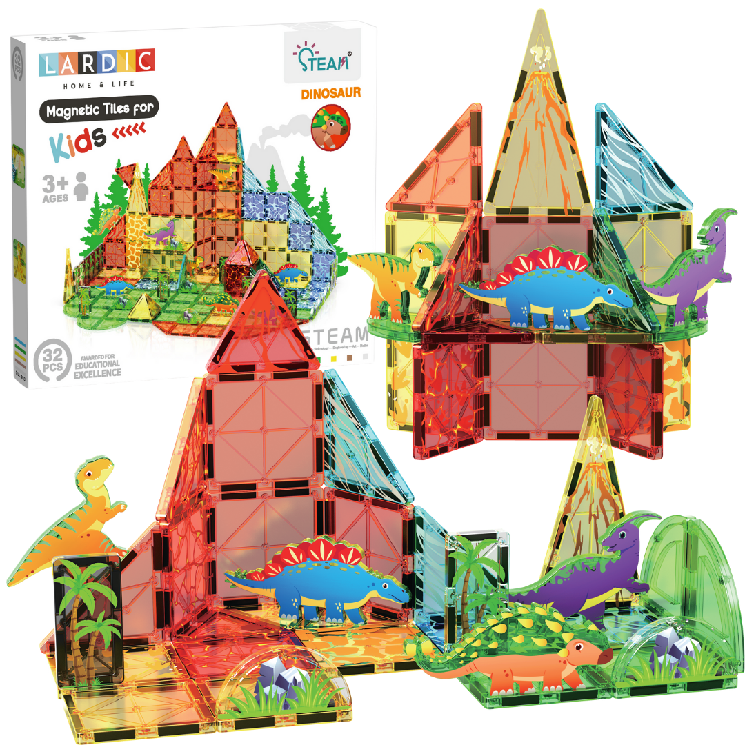 Lardic - Magnetisch Speelgoed Dino - Magnetic Tiles - Bouwspeelgoed - Bouwblokken - Magneten Speelgoed - Magnetische Tegels - Magna - Bouwstenen - Montessori Speelgoed - Mind Educatief Constructie Speelgoed