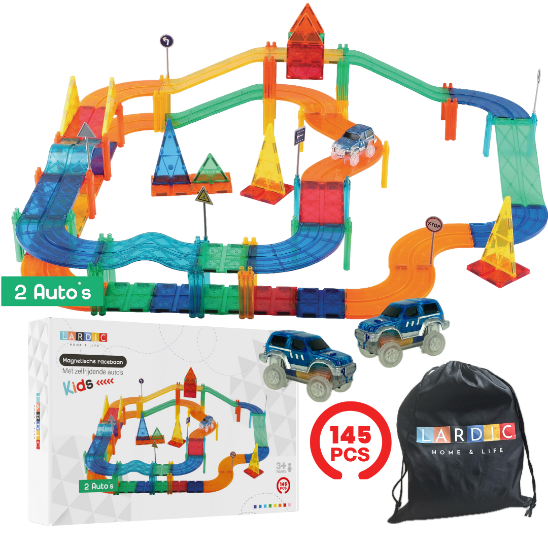 Lardic Magnetisch Speelgoed Racebaan - 145 Stuks - Magnetic Tiles - Bouwspeelgoed - Bouwblokken - Magna - Magneten Speelgoed - Magnetische Tegels - Bouwstenen - Montessori Speelgoed - Educatief Speelgoed