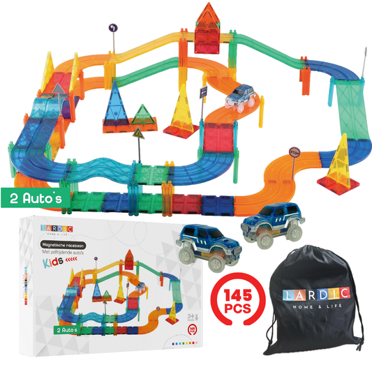 Lardic Magnetisch Speelgoed Racebaan - 145 Stuks - Magnetic Tiles - Bouwspeelgoed - Bouwblokken - Magna - Magneten Speelgoed - Magnetische Tegels - Bouwstenen - Montessori Speelgoed - Educatief Speelgoed