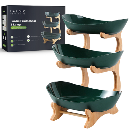 Lardic® Fruitschaal 3 Laags - Serveertoren - Fruit Etagère - Fruitmand Keramiek - Groentemand - Bamboe Hout - Opberger - Porselein - Groen