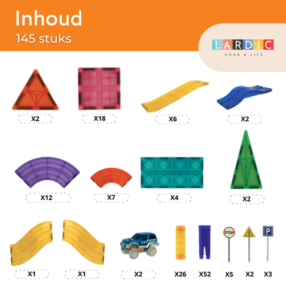 Lardic Magnetisch Speelgoed Racebaan - 145 Stuks - Magnetic Tiles - Bouwspeelgoed - Bouwblokken - Magna - Magneten Speelgoed - Magnetische Tegels - Bouwstenen - Montessori Speelgoed - Educatief Speelgoed