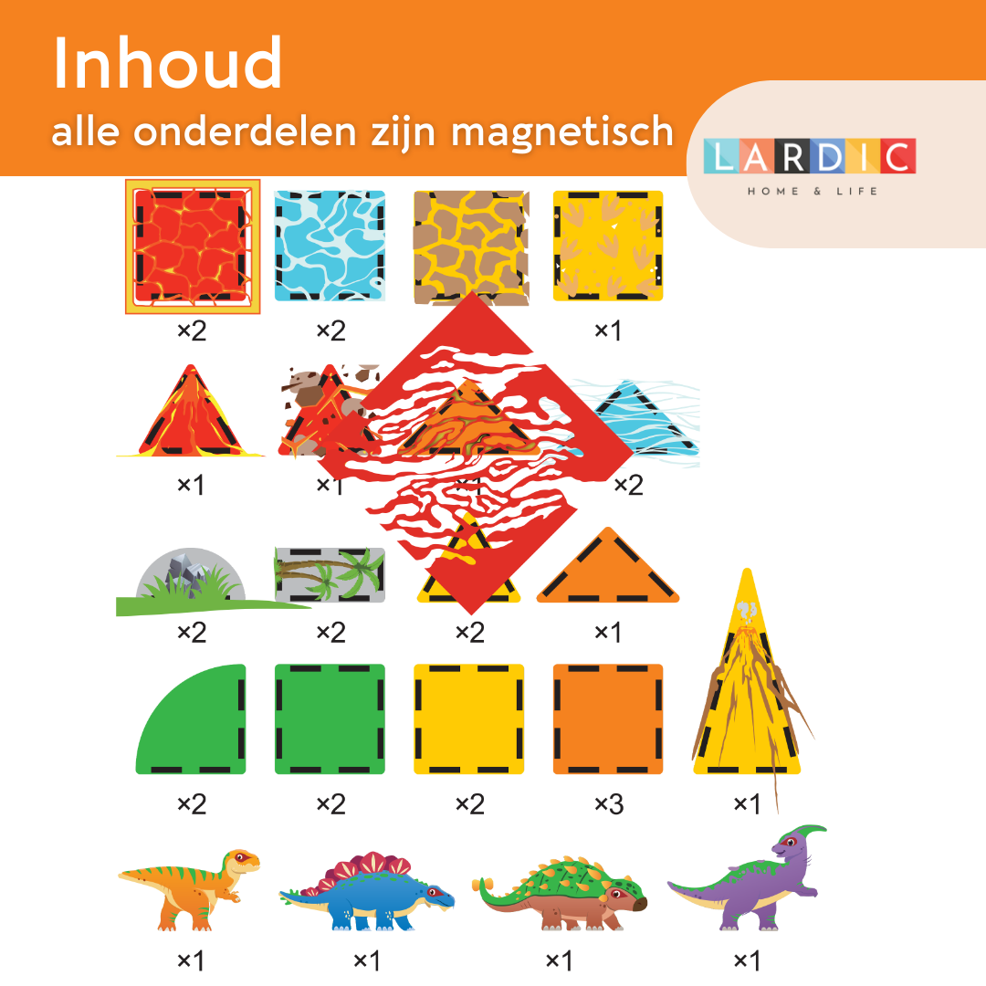 Lardic - Magnetisch Speelgoed Dino - Magnetic Tiles - Bouwspeelgoed - Bouwblokken - Magneten Speelgoed - Magnetische Tegels - Magna - Bouwstenen - Montessori Speelgoed - Mind Educatief Constructie Speelgoed
