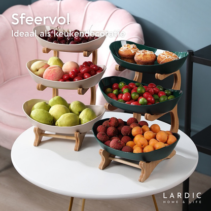 Lardic® Fruitschaal 3 Laags - Serveertoren - Fruit Etagère - Fruitmand Keramiek - Groentemand - Bamboe Hout - Opberger - Porselein - Groen