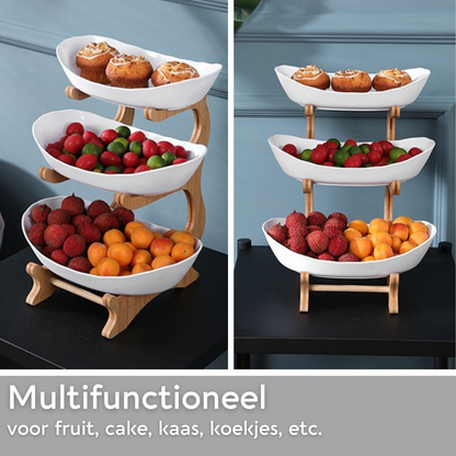 Lardic® Fruitschaal 3 Laags - Serveertoren - Fruit Etagère - Fruitmand Keramiek - Groentemand - Bamboe Hout - Opberger - Porselein - Wit