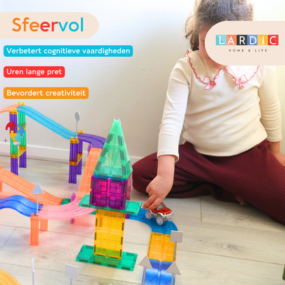 Lardic Magnetisch Speelgoed Racebaan - 145 Stuks - Magnetic Tiles - Bouwspeelgoed - Bouwblokken - Magna - Magneten Speelgoed - Magnetische Tegels - Bouwstenen - Montessori Speelgoed - Educatief Speelgoed