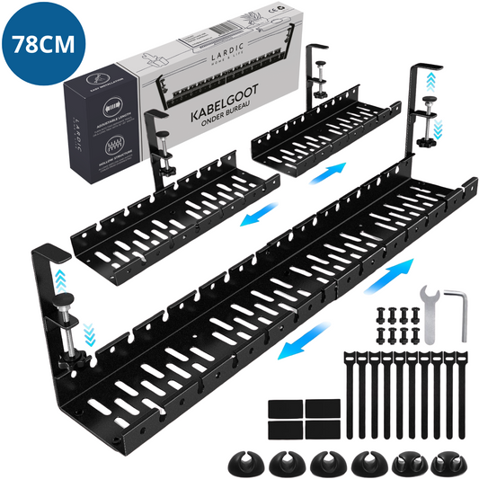 Lardic Metalen Kabel organiser Onder Bureau - Kabelgoot Bureau - Zonder boren - Kabelbox - Kabelhouder - Cable management - Opbergbox stekkerdoos - Inclusief accessoires - 2 delig set - 78 cm