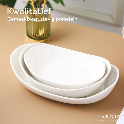 Lardic® Fruitschaal 3 Laags - Serveertoren - Fruit Etagère - Fruitmand Keramiek - Groentemand - Bamboe Hout - Opberger - Porselein - Wit