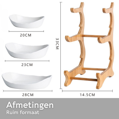 Lardic® Fruitschaal 3 Laags - Serveertoren - Fruit Etagère - Fruitmand Keramiek - Groentemand - Bamboe Hout - Opberger - Porselein - Wit