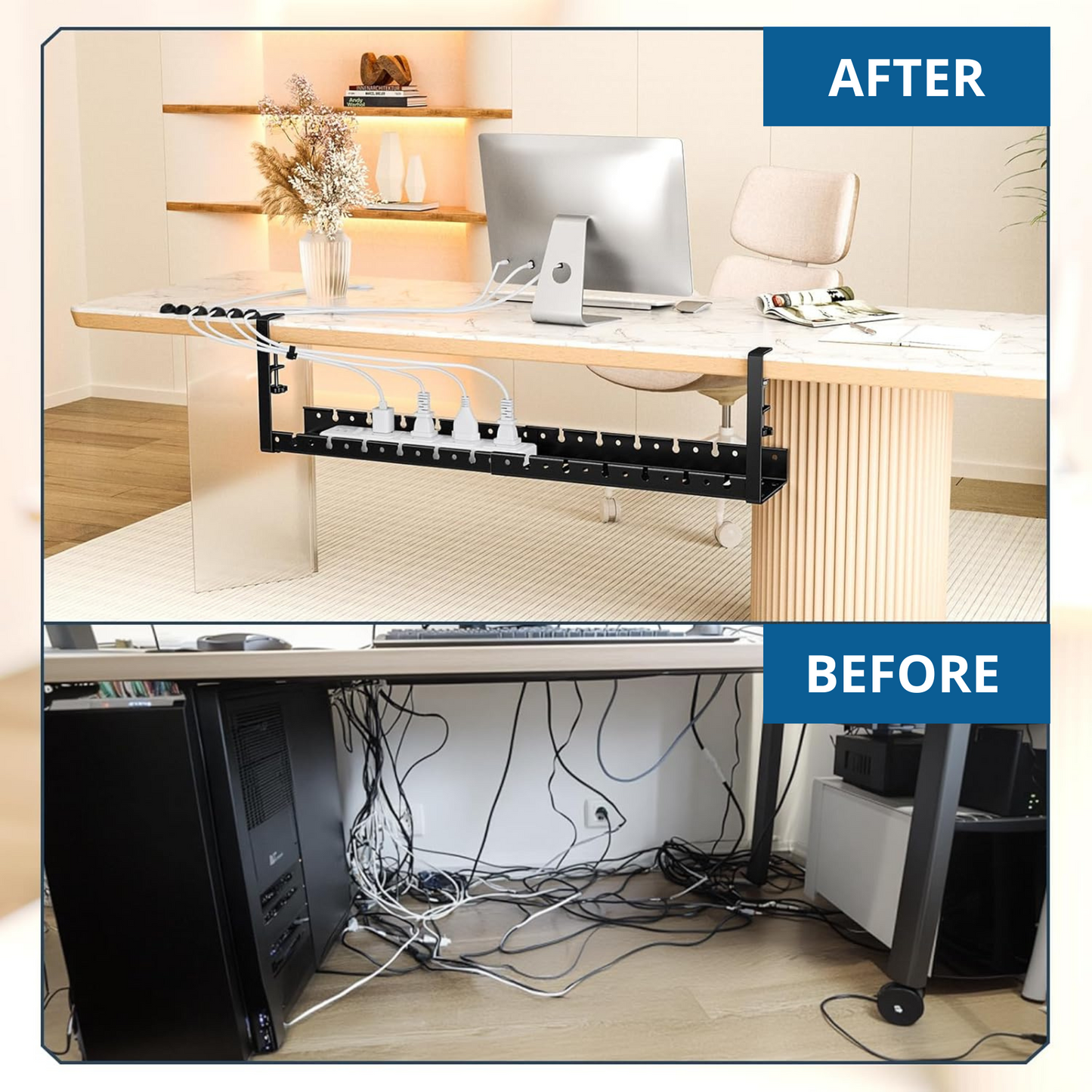 Lardic Metalen Kabel organiser Onder Bureau - Kabelgoot Bureau - Zonder boren - Kabelbox - Kabelhouder - Cable management - Opbergbox stekkerdoos - Inclusief accessoires - 2 delig set - 78 cm
